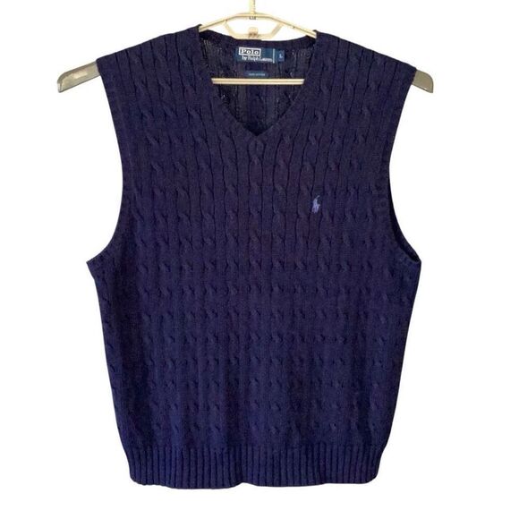 Polo Ralph Lauren Cable Knit V Neck Sweater Vest Men’s Large Navy Blue - Picture 1 of 6